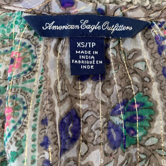 American Eagle Tie Front Printed Long Sleeve Boho Sheer Light Blouse Size XS - Picture 8 of 8